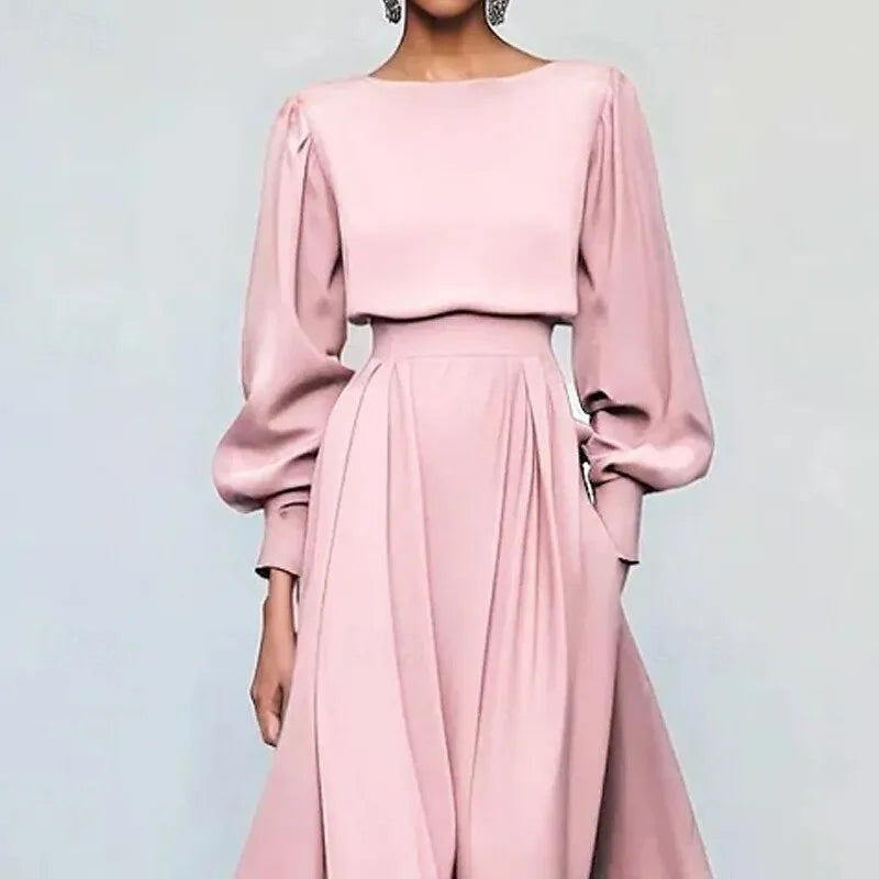 Romantic A-Line Crew Neck Long Sleeve Pleated Blush Pink Midi Prom Dress for Women Custom