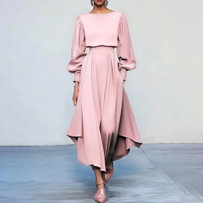 Romantic A-Line Crew Neck Long Sleeve Pleated Blush Pink Midi Prom Dress for Women Custom