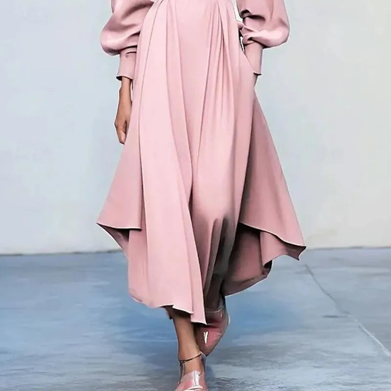 Romantic A-Line Crew Neck Long Sleeve Pleated Blush Pink Midi Prom Dress for Women Custom
