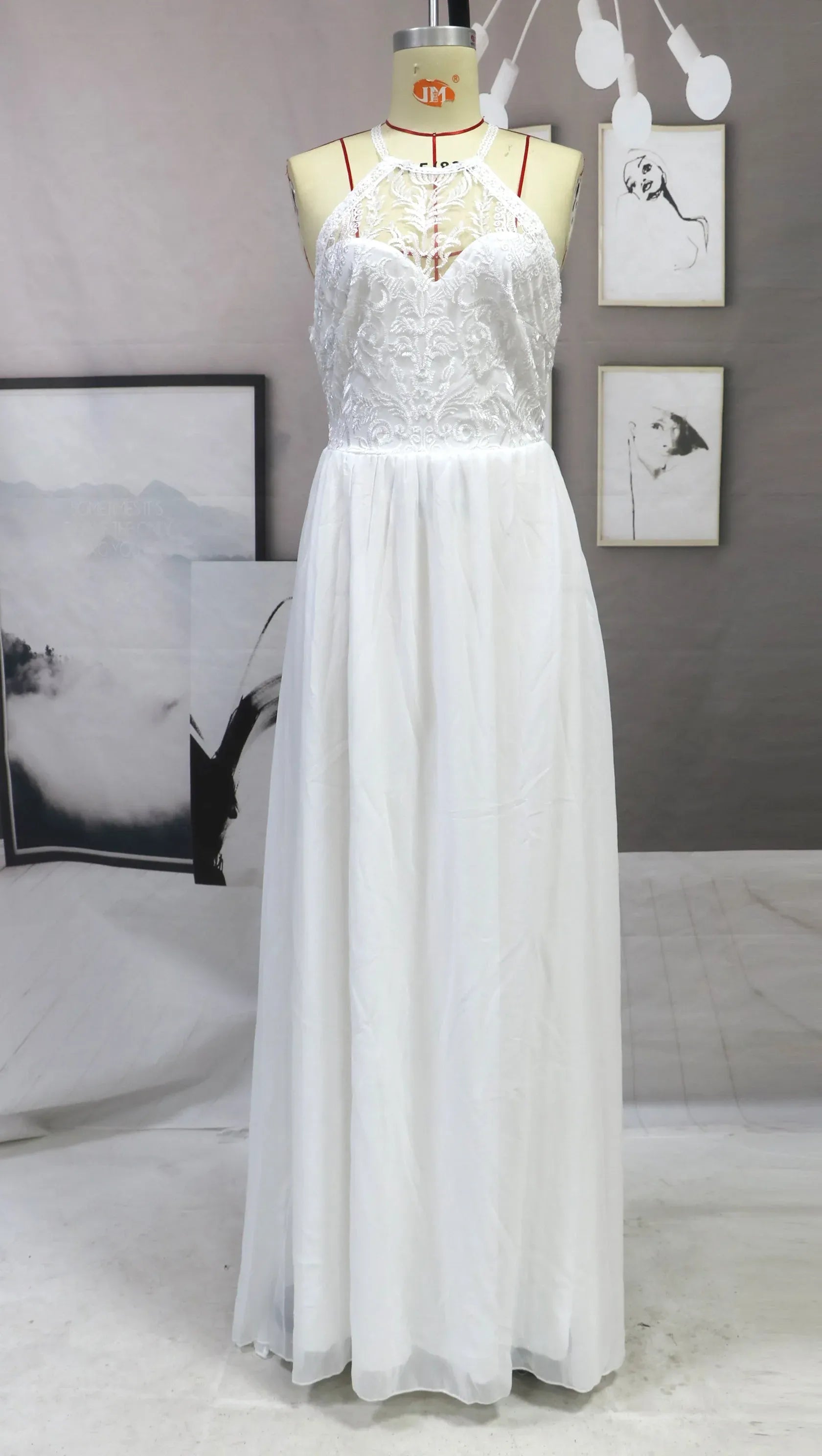 Romantic A-Line Halter Open Back Lace-Top White Train Wedding Dress Custom