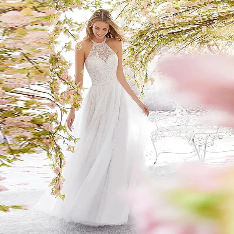 Romantic A-Line Halter Open Back Lace-Top White Train Wedding Dress Custom