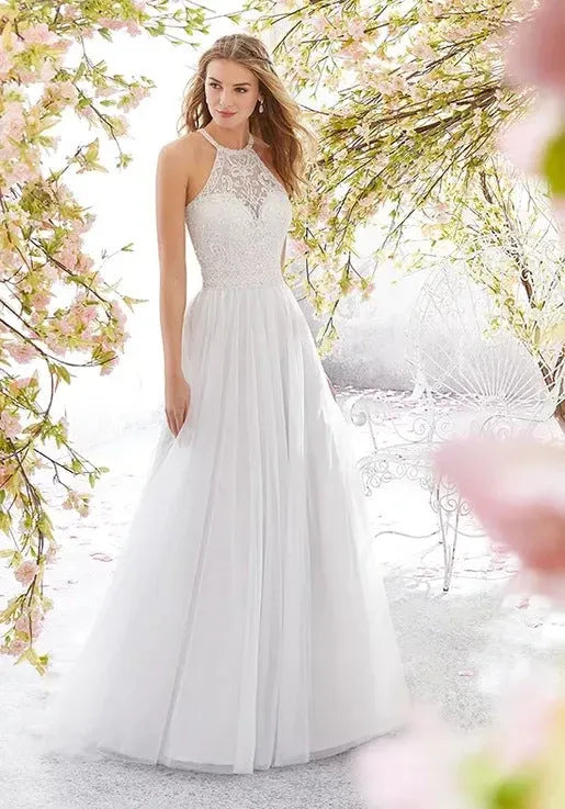 Romantic A-Line Halter Open Back Lace-Top White Train Wedding Dress Custom