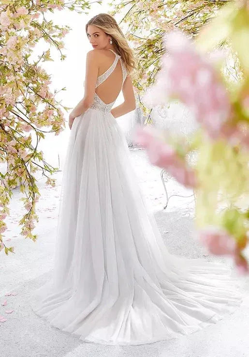 Romantic A-Line Halter Open Back Lace-Top White Train Wedding Dress Custom