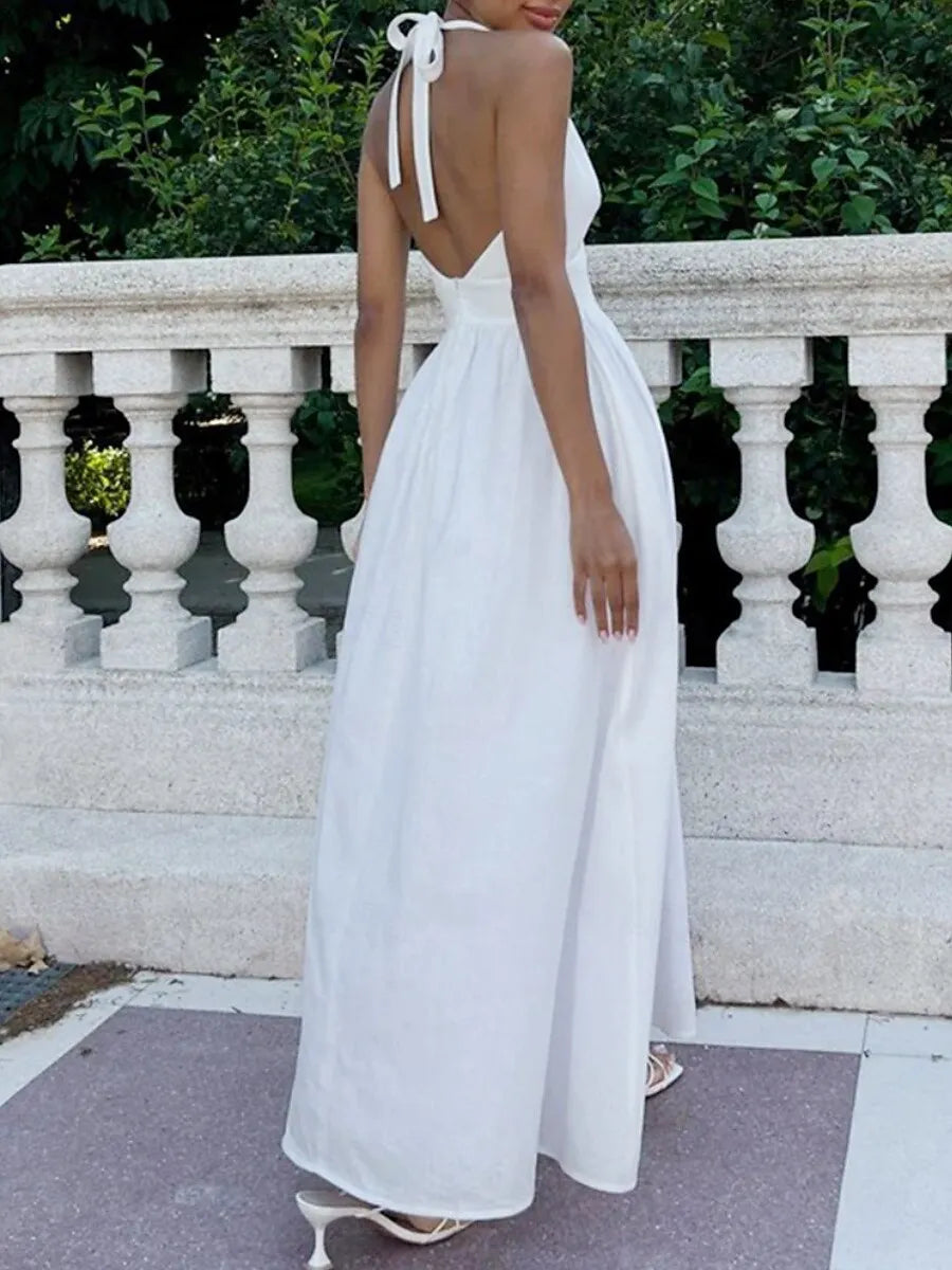 Romantic A-Line Halter Sleeveless Pleated White Maxi Prom Dress for Women Ready to Ship