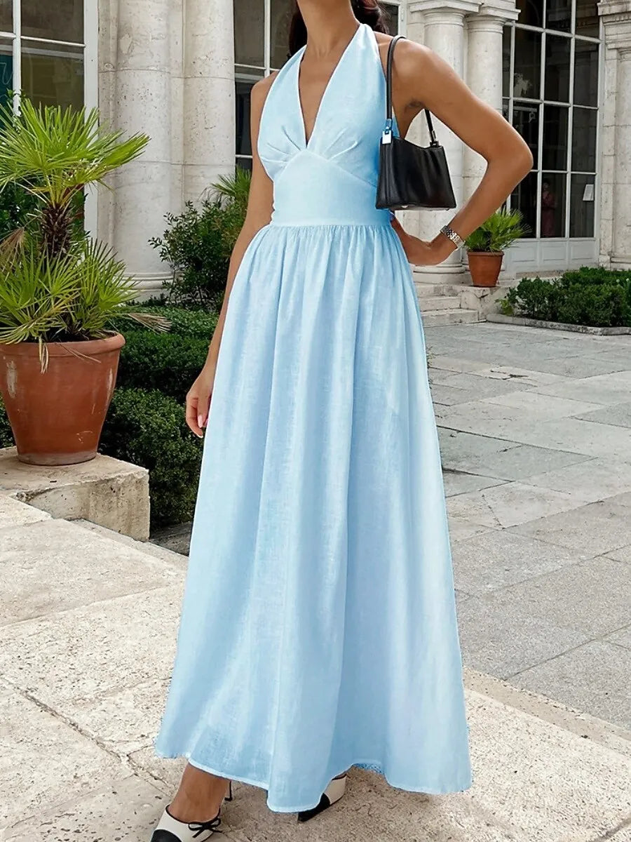 Romantic A-Line Halter Sleeveless Pleated White Maxi Prom Dress for Women Ready to Ship