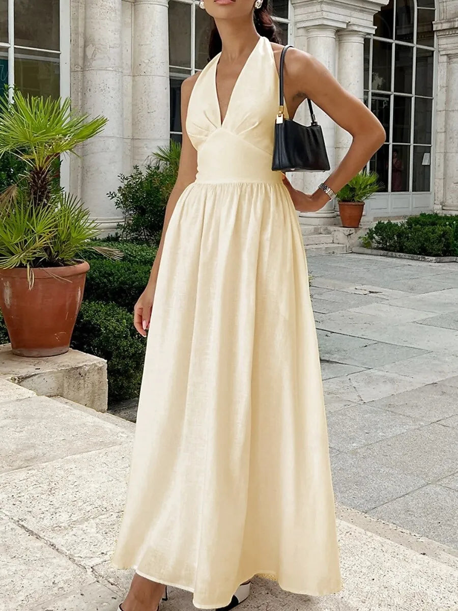 Romantic A-Line Halter Sleeveless Pleated White Maxi Prom Dress for Women Ready to Ship