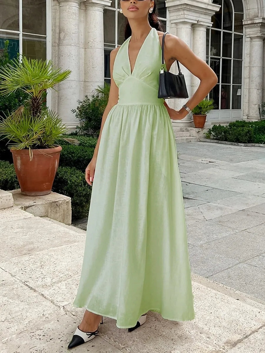 Romantic A-Line Halter Sleeveless Pleated White Maxi Prom Dress for Women Ready to Ship