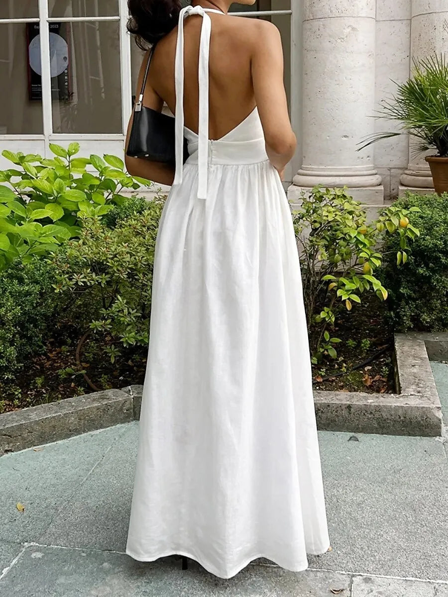 Romantic A-Line Halter Sleeveless Pleated White Maxi Prom Dress for Women Ready to Ship