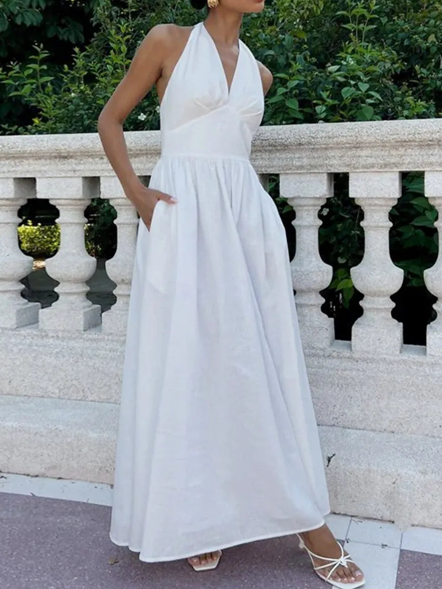 Romantic A-Line Halter Sleeveless Pleated White Maxi Prom Dress for Women Ready to Ship