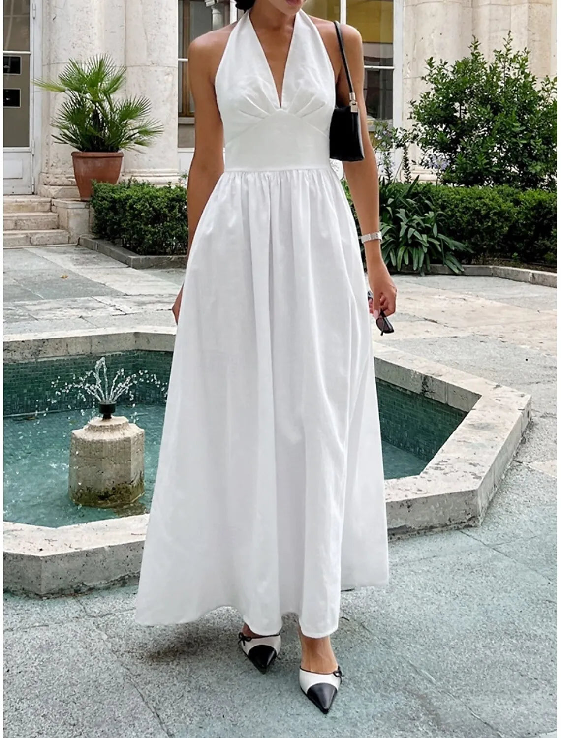 Romantic A-Line Halter Sleeveless Pleated White Maxi Prom Dress for Women Ready to Ship