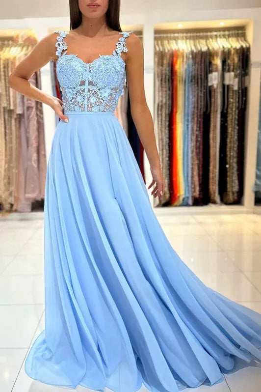 Romantic A-Line Lace Applique Slit Sky Blue Floor Length Prom Dress For Sale