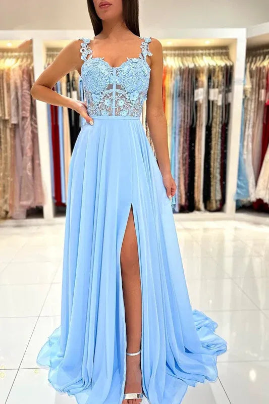 Romantic A-Line Lace Applique Slit Sky Blue Floor Length Prom Dress For Sale