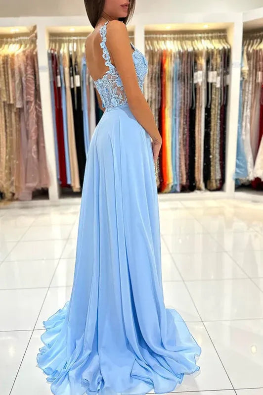 Romantic A-Line Lace Applique Slit Sky Blue Floor Length Prom Dress For Sale