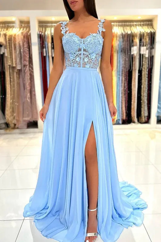 Romantic A-Line Lace Applique Slit Sky Blue Floor Length Prom Dress For Sale