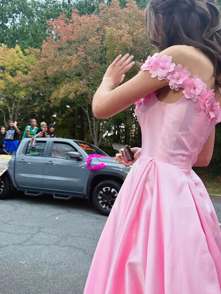 Romantic A-Line Off-Shoulder 3D Floral Satin Pink Floor Length Prom Dress Buy