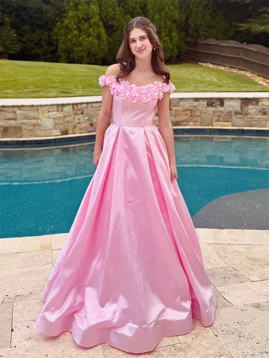 Romantic A-Line Off-Shoulder 3D Floral Satin Pink Floor Length Prom Dress Buy
