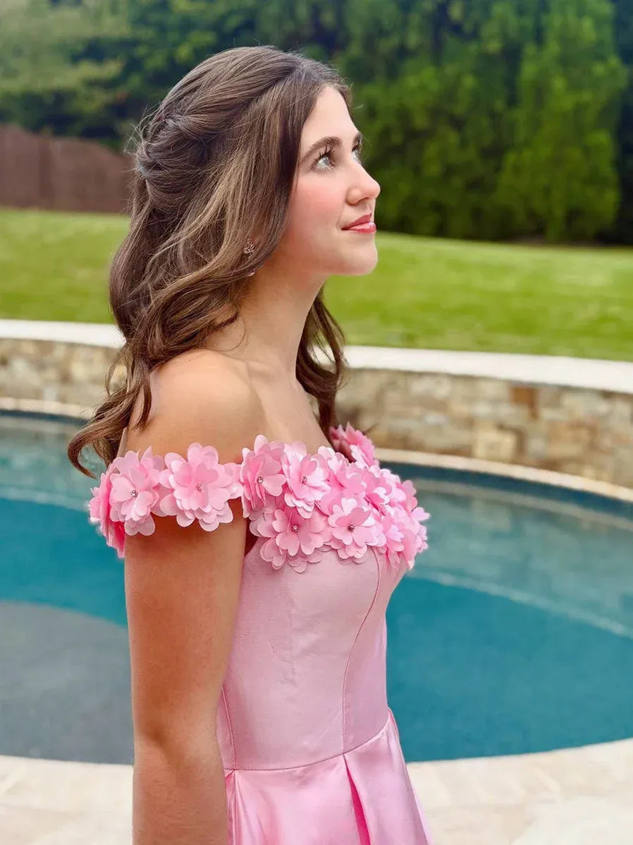 Romantic A-Line Off-Shoulder 3D Floral Satin Pink Floor Length Prom Dress Buy