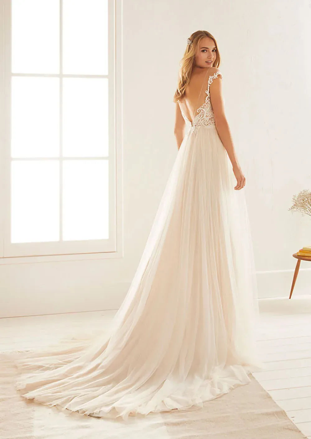 Romantic A-Line Off-Shoulder Backless Lace Tulle Champagne Floor-Length Wedding Dress