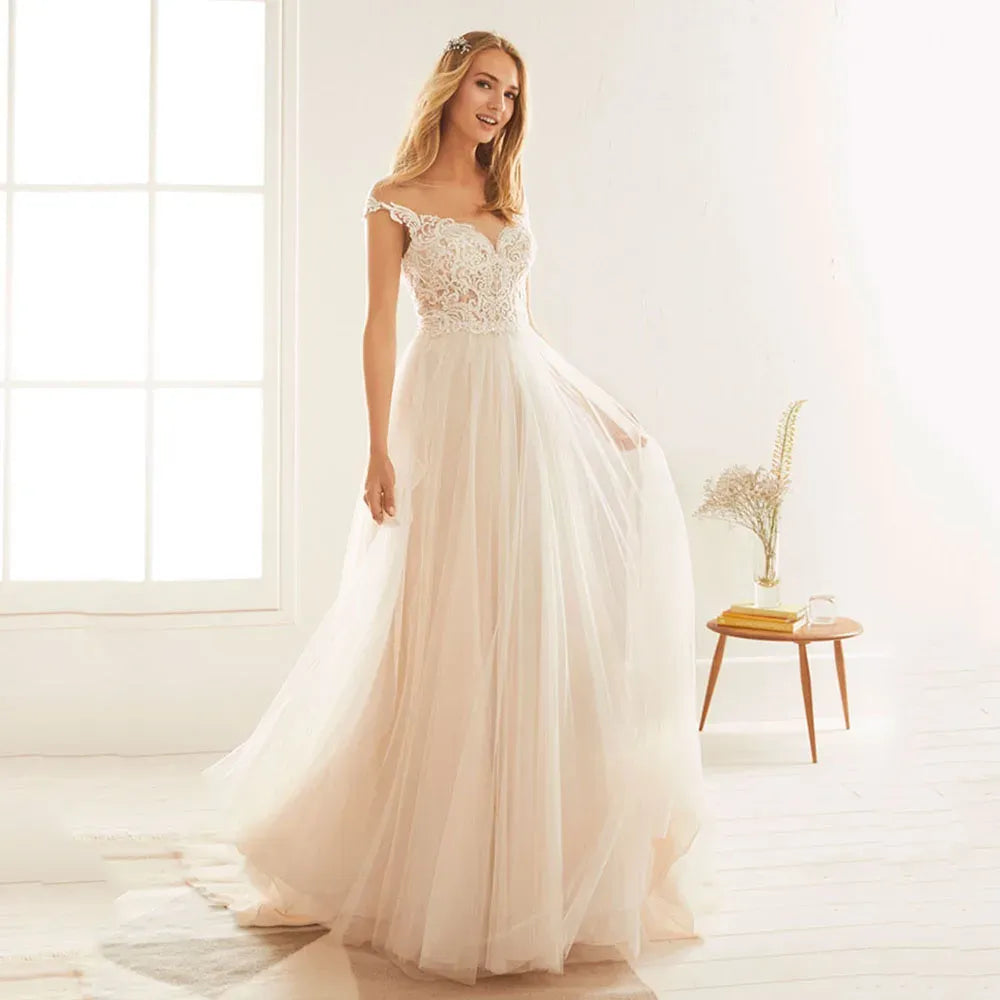 Romantic A-Line Off-Shoulder Backless Lace Tulle Champagne Floor-Length Wedding Dress