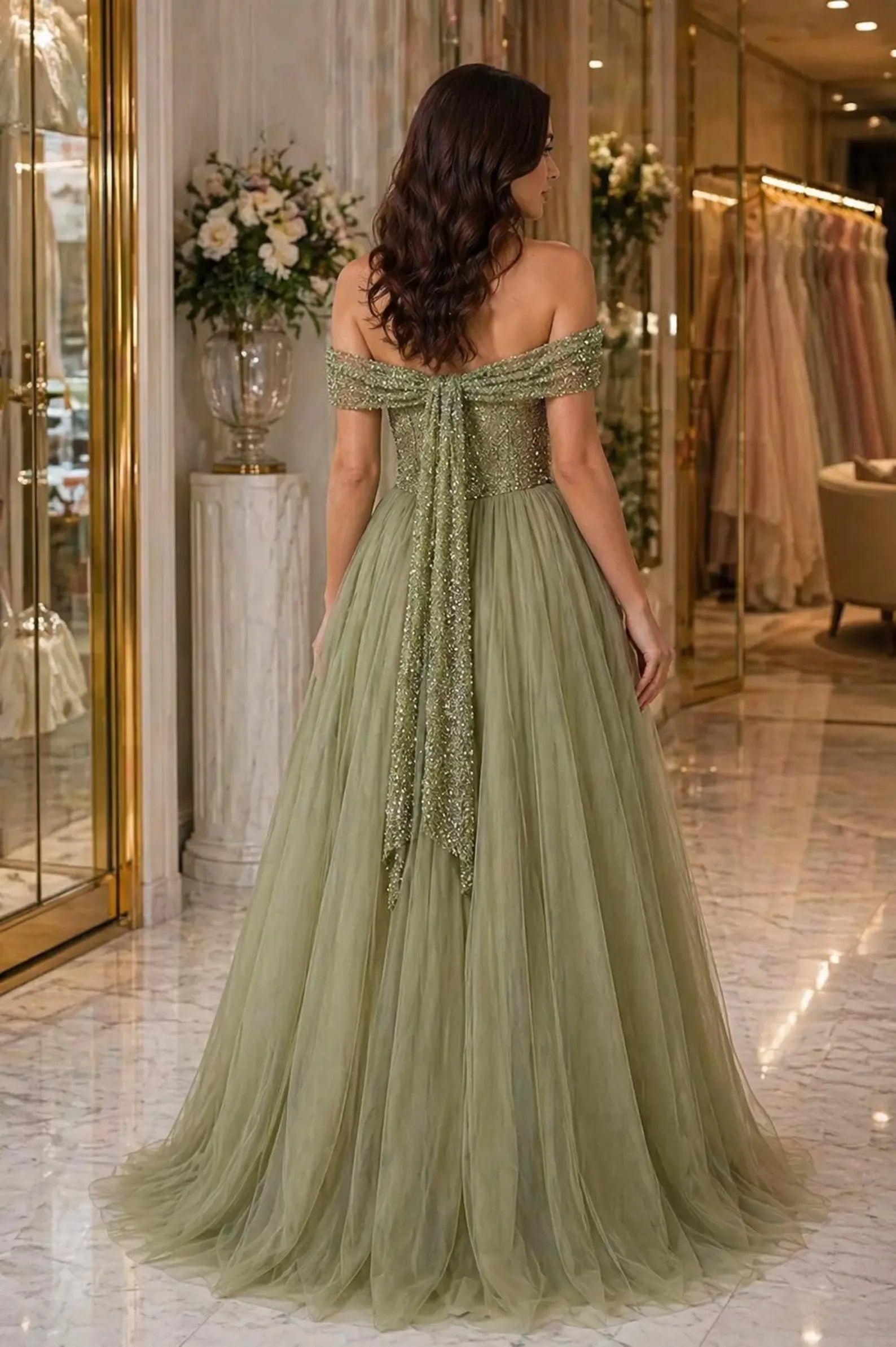 Romantic A-Line Off-Shoulder Beaded Sequin Tulle Sage Green Floor-Length Prom Dress
