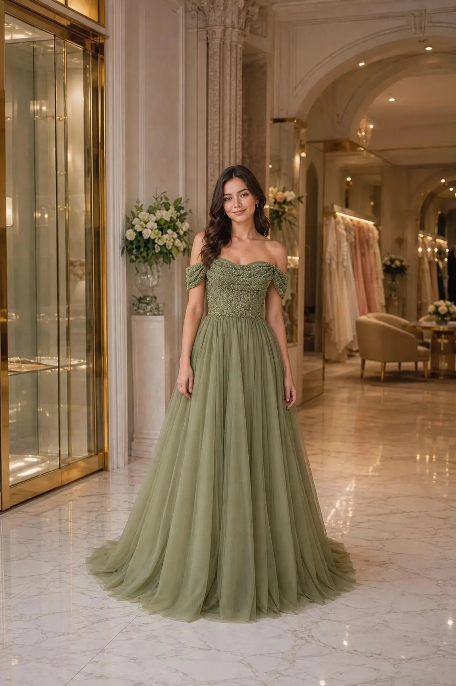 Romantic A-Line Off-Shoulder Beaded Sequin Tulle Sage Green Floor-Length Prom Dress