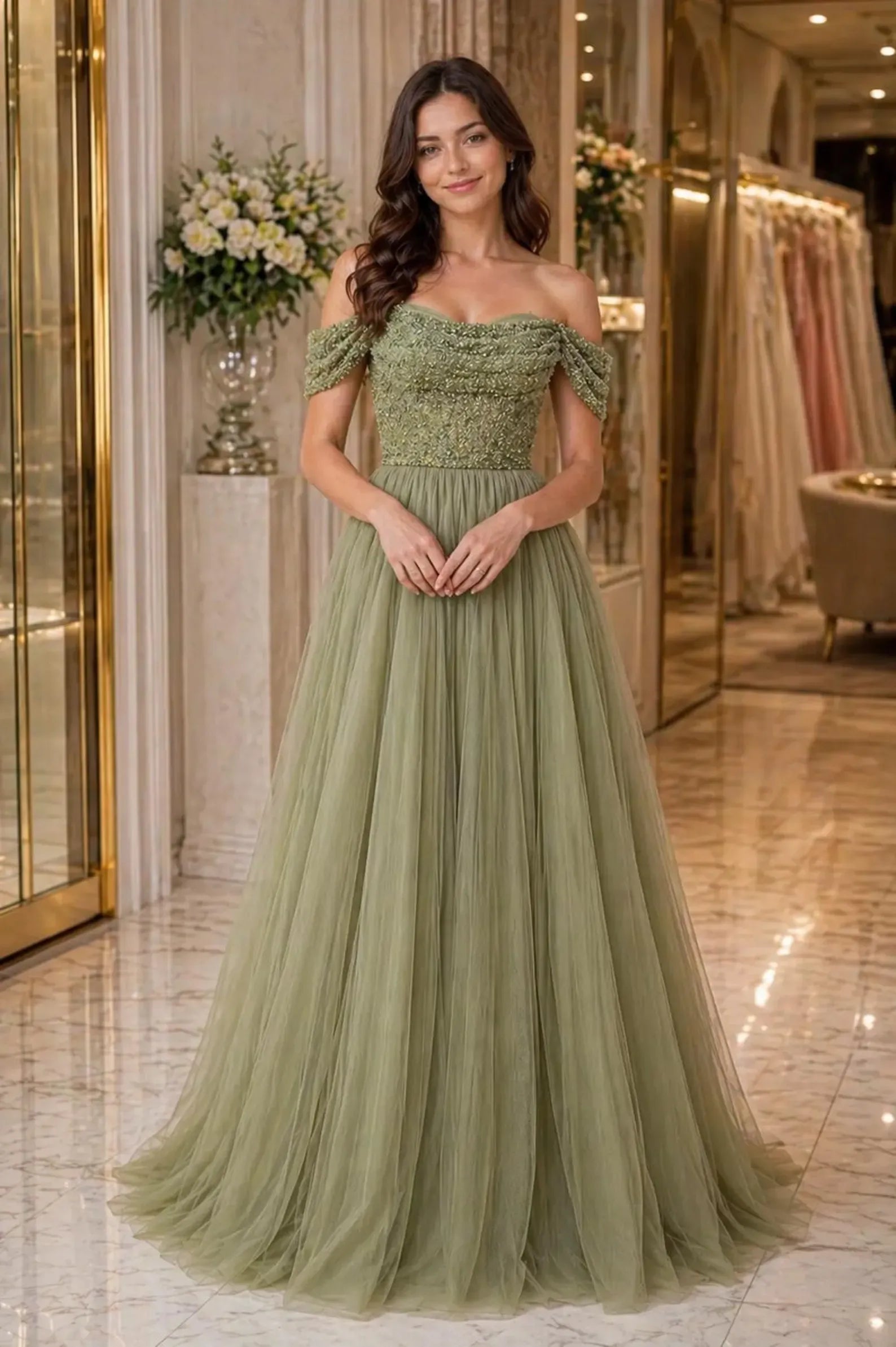 Romantic A-Line Off-Shoulder Beaded Sequin Tulle Sage Green Floor-Length Prom Dress