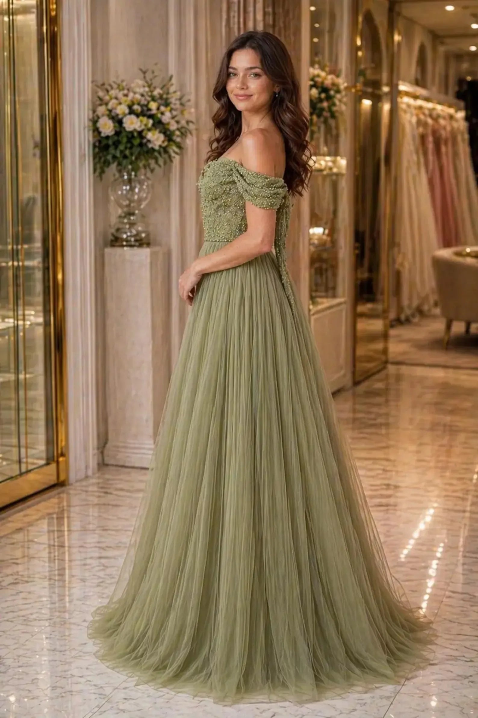 Romantic A-Line Off-Shoulder Beaded Sequin Tulle Sage Green Floor-Length Prom Dress