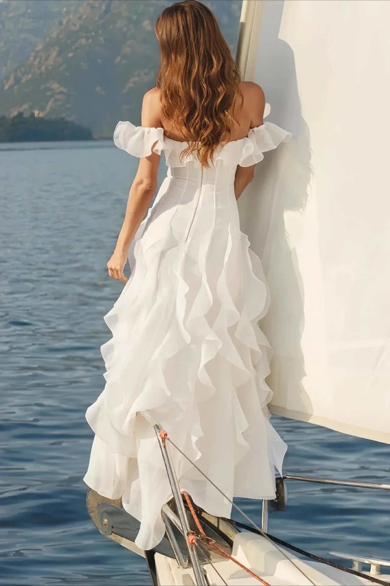 Romantic A-Line Off-Shoulder Corset Ruffled Flowy White Floor-Length Wedding Dress