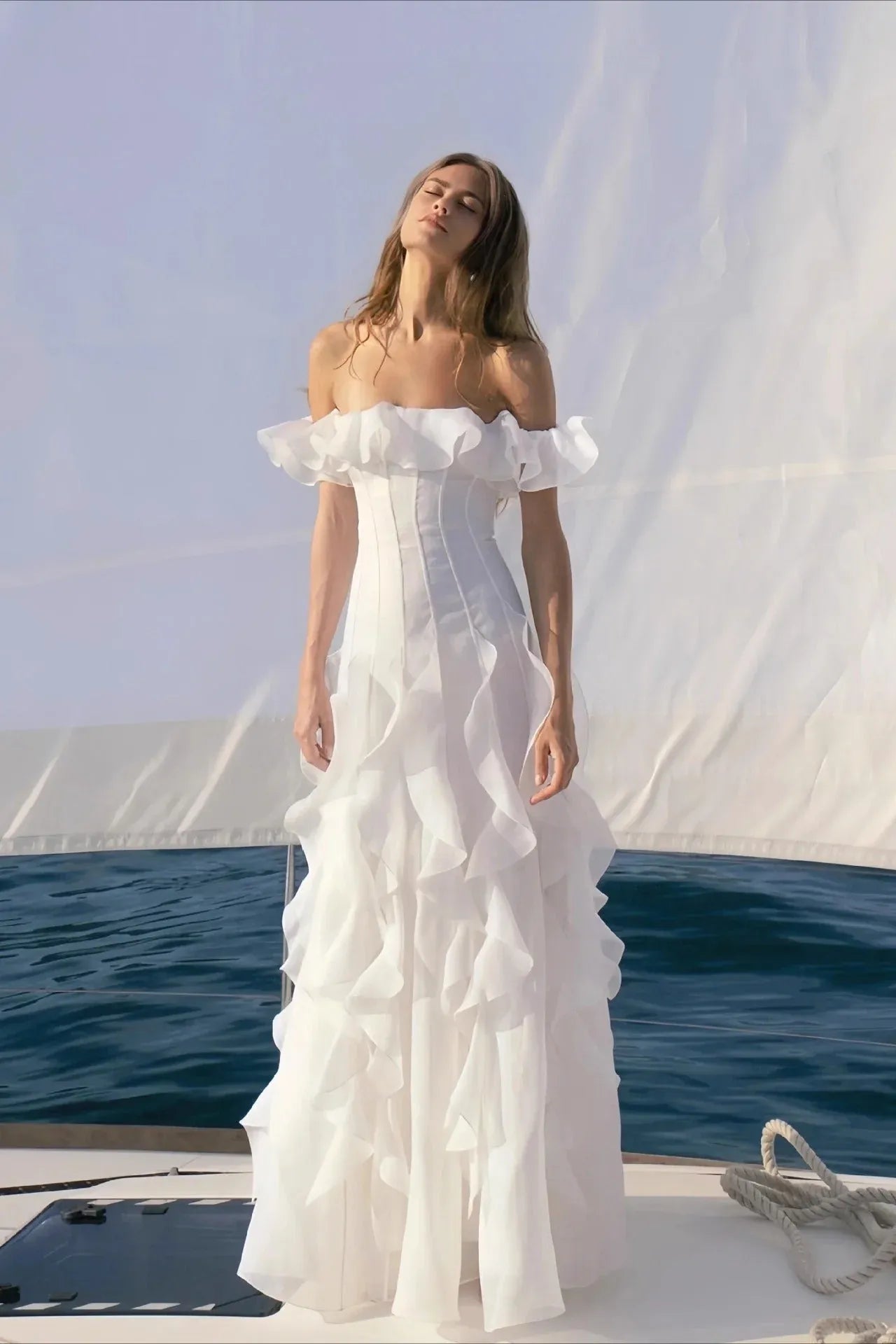 Romantic A-Line Off-Shoulder Corset Ruffled Flowy White Floor-Length Wedding Dress