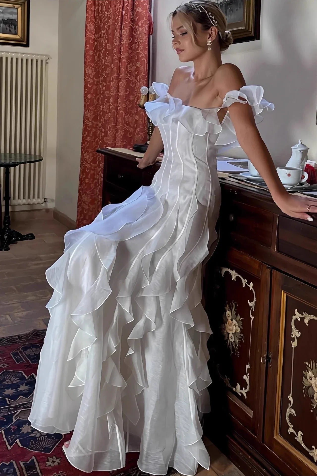 Romantic A-Line Off-Shoulder Corset Ruffled Flowy White Floor-Length Wedding Dress