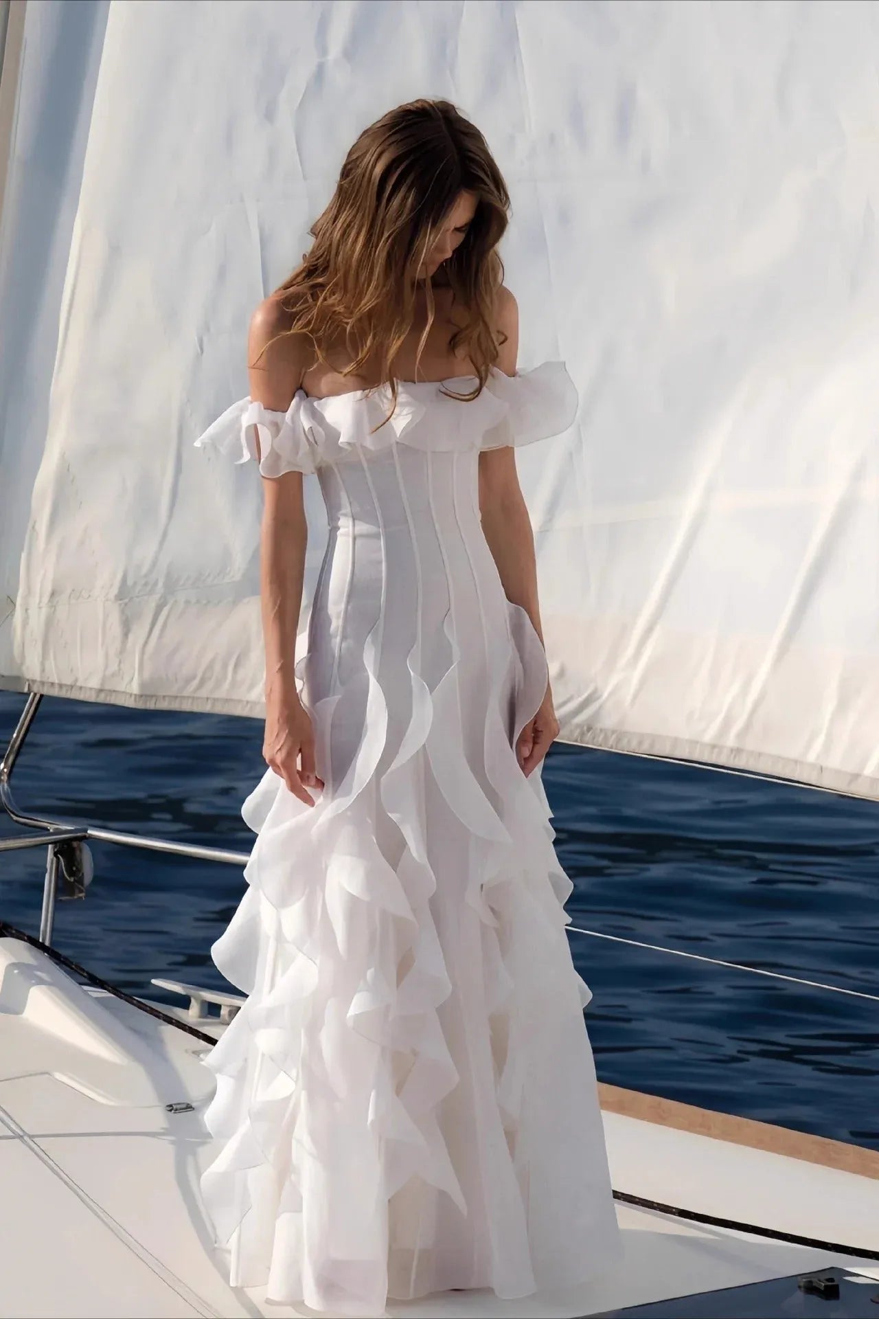 Romantic A-Line Off-Shoulder Corset Ruffled Flowy White Floor-Length Wedding Dress