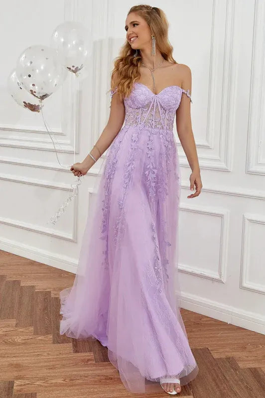 Romantic A-Line Off-Shoulder Lace Applique Corset Lavender Floor-Length Prom Dress