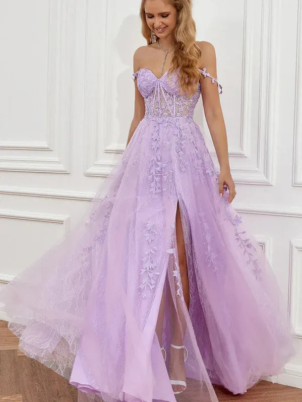 Romantic A-Line Off-Shoulder Lace Applique Corset Lavender Floor-Length Prom Dress
