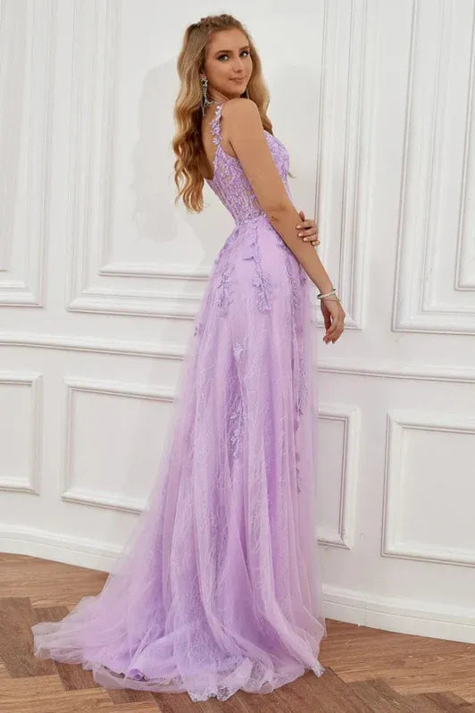 Romantic A-Line Off-Shoulder Lace Applique Corset Lavender Floor-Length Prom Dress