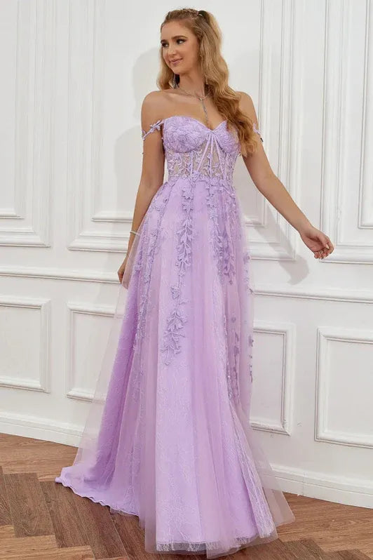 Romantic A-Line Off-Shoulder Lace Applique Corset Lavender Floor-Length Prom Dress