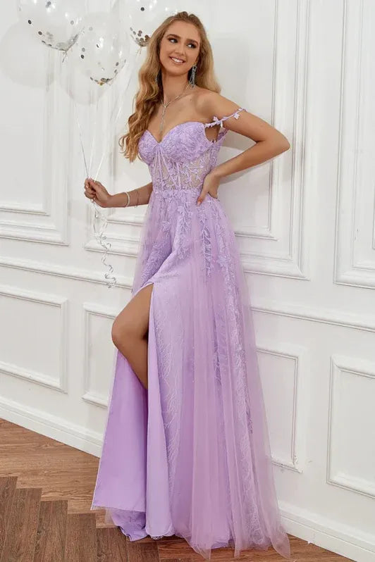 Romantic A-Line Off-Shoulder Lace Applique Corset Lavender Floor-Length Prom Dress
