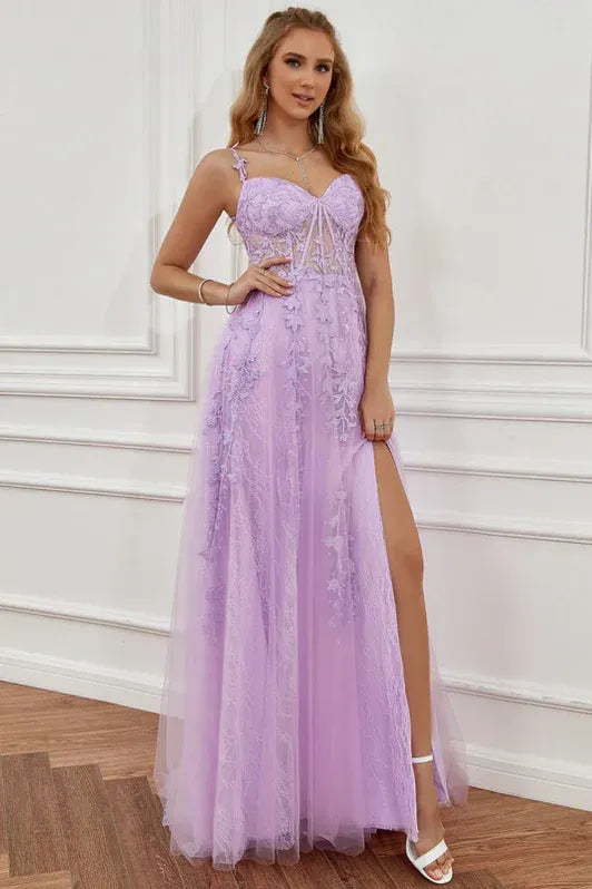 Romantic A-Line Off-Shoulder Lace Applique Corset Lavender Floor-Length Prom Dress