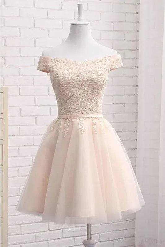 Romantic A-Line Off-Shoulder Lace Appliques Blush Short Homecoming Dress
