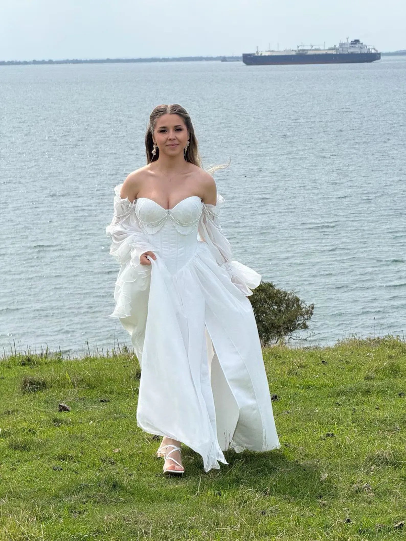 A-Line Off-Shoulder Long-Sleeve Corset Beaded Chiffon White Floor-Length Wedding Dress