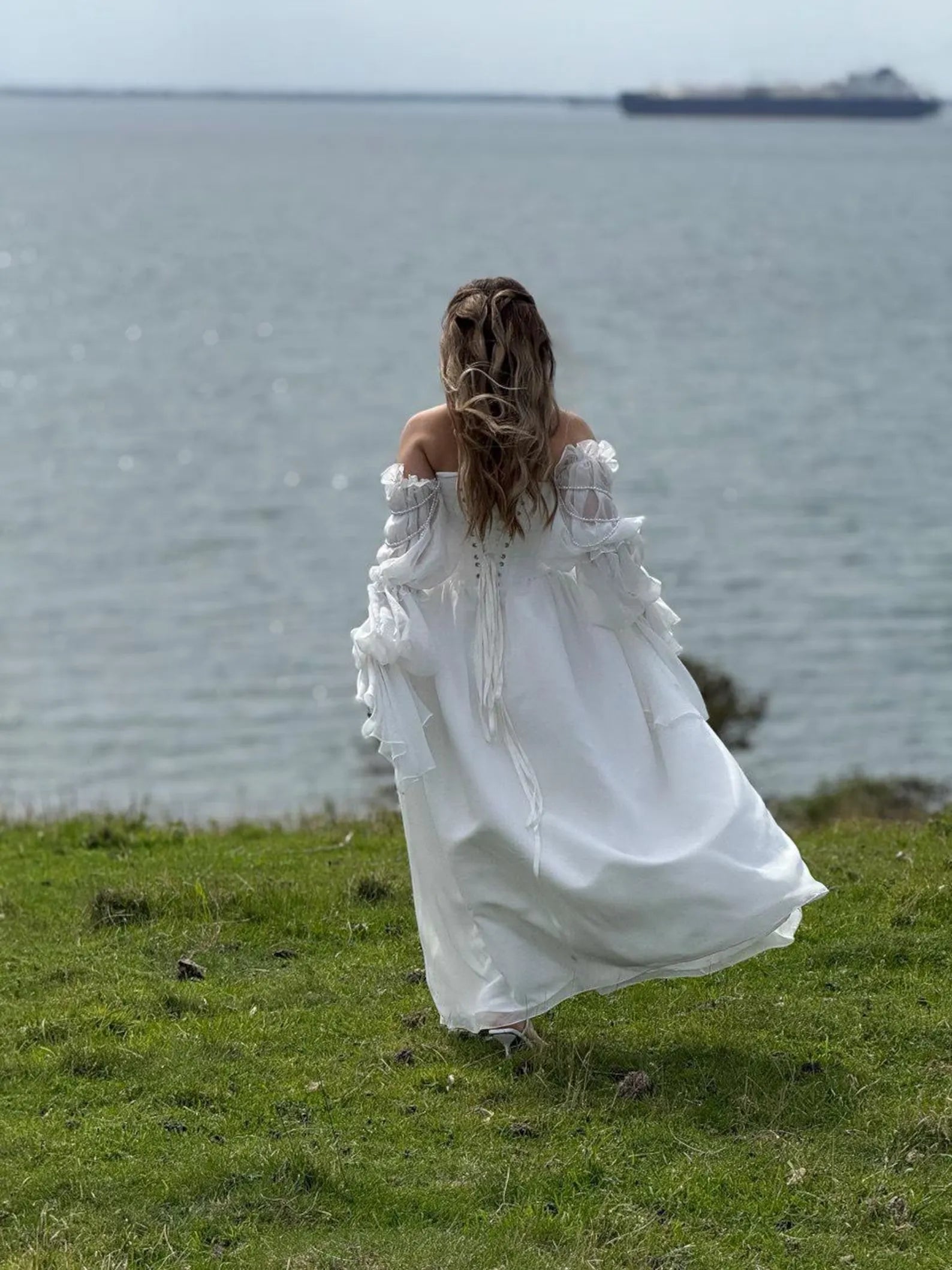 A-Line Off-Shoulder Long-Sleeve Corset Beaded Chiffon White Floor-Length Wedding Dress