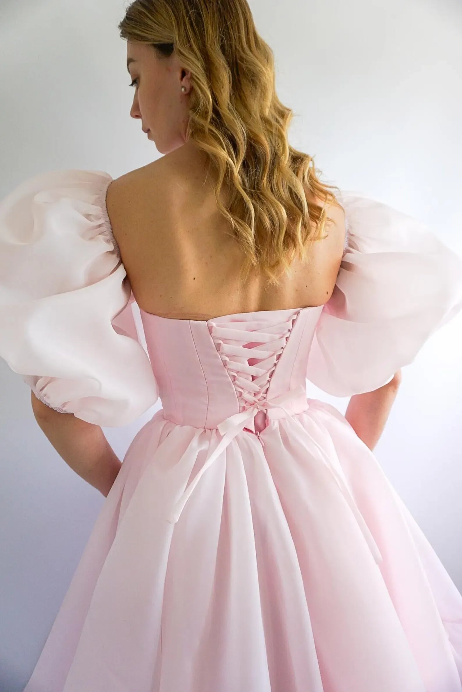 Romantic A-Line Off-Shoulder Puff-Sleeve Tiered Organza Pink Floor-Length Prom Dress