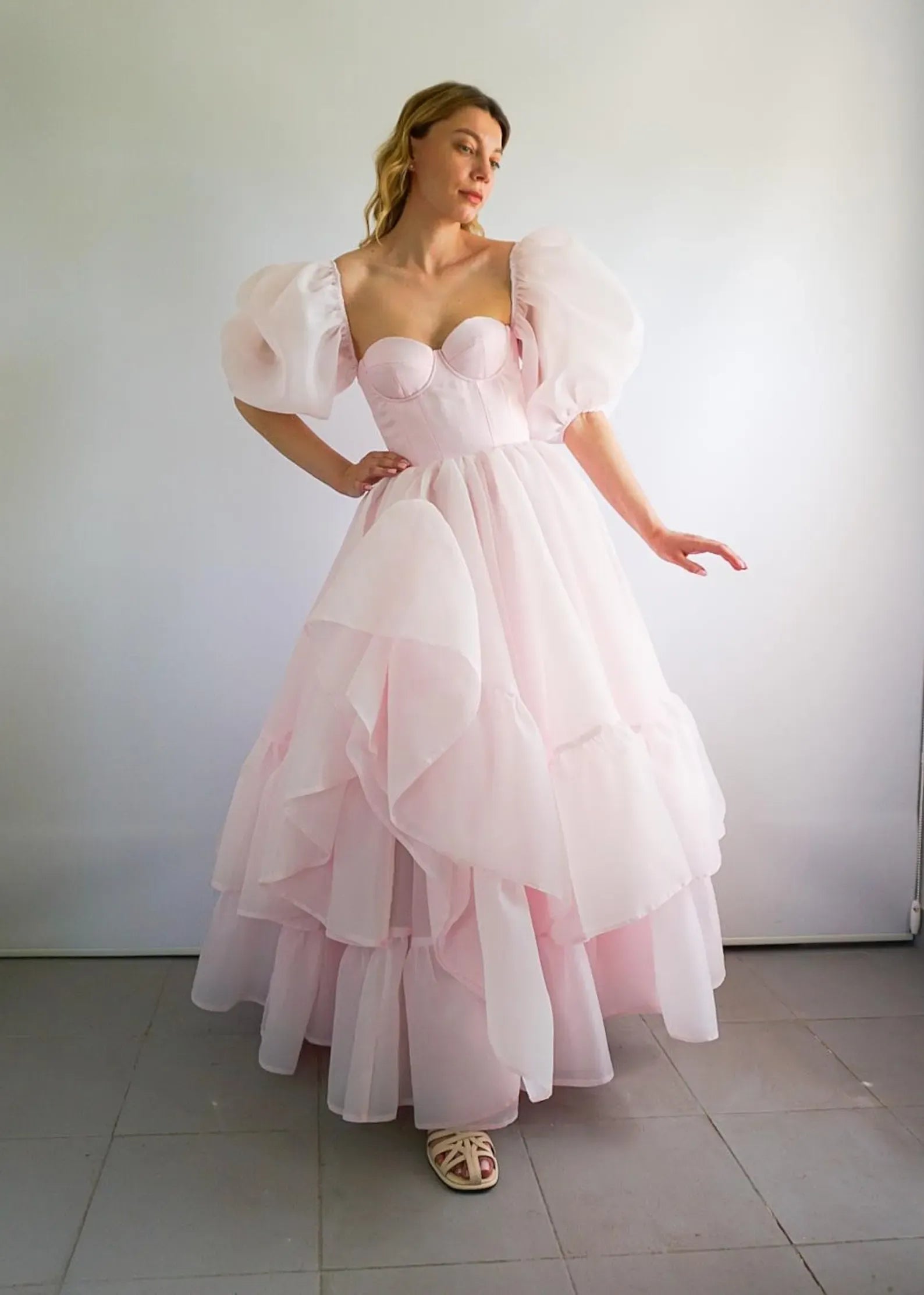 Romantic A-Line Off-Shoulder Puff-Sleeve Tiered Organza Pink Floor-Length Prom Dress