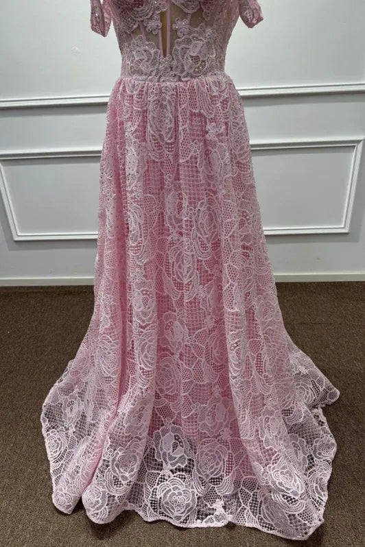Romantic A-Line Off-Shoulder Sleeveless Lace Pink Maxi Prom Dress for Women Custom