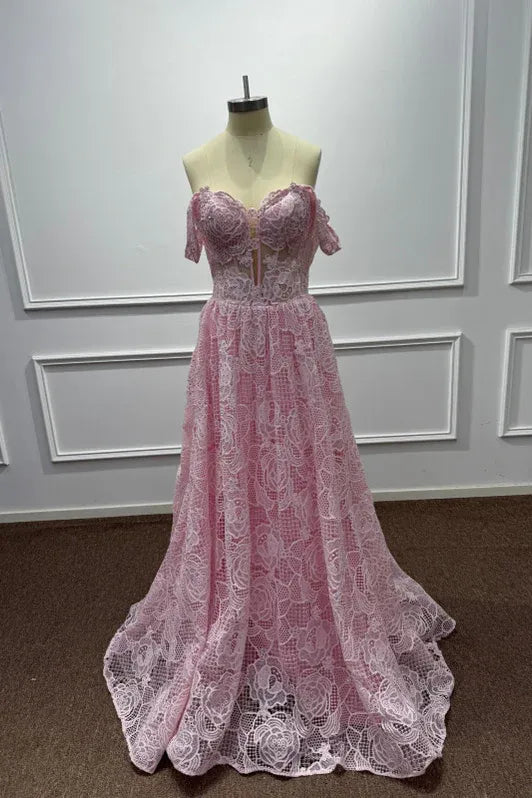 Romantic A-Line Off-Shoulder Sleeveless Lace Pink Maxi Prom Dress for Women Custom