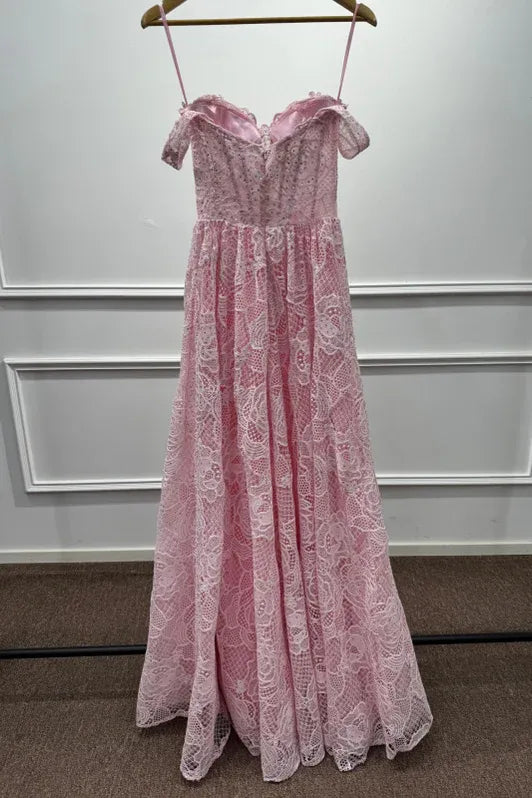 Romantic A-Line Off-Shoulder Sleeveless Lace Pink Maxi Prom Dress for Women Custom