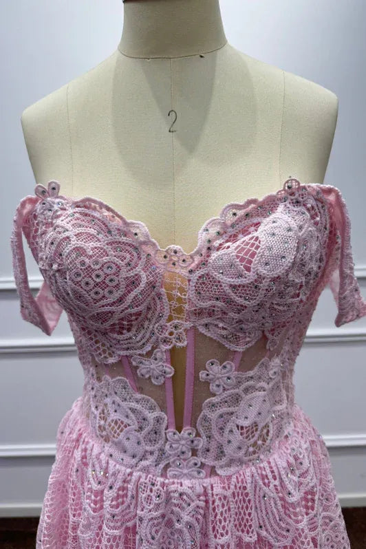 Romantic A-Line Off-Shoulder Sleeveless Lace Pink Maxi Prom Dress for Women Custom
