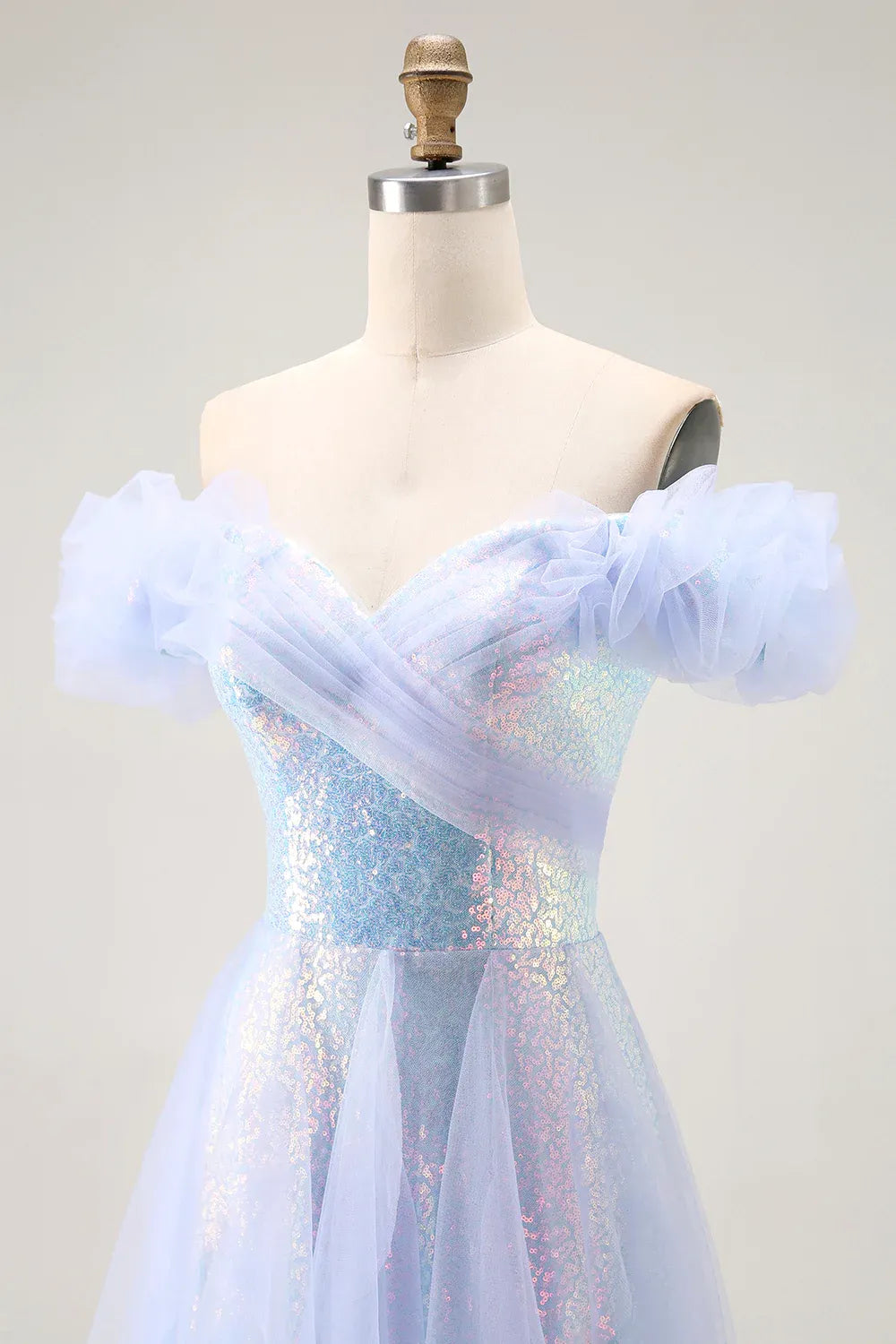 Romantic A-Line Off-the-Shoulder Ruffle Tulle Sequins Light Blue Maxi Evening Dress