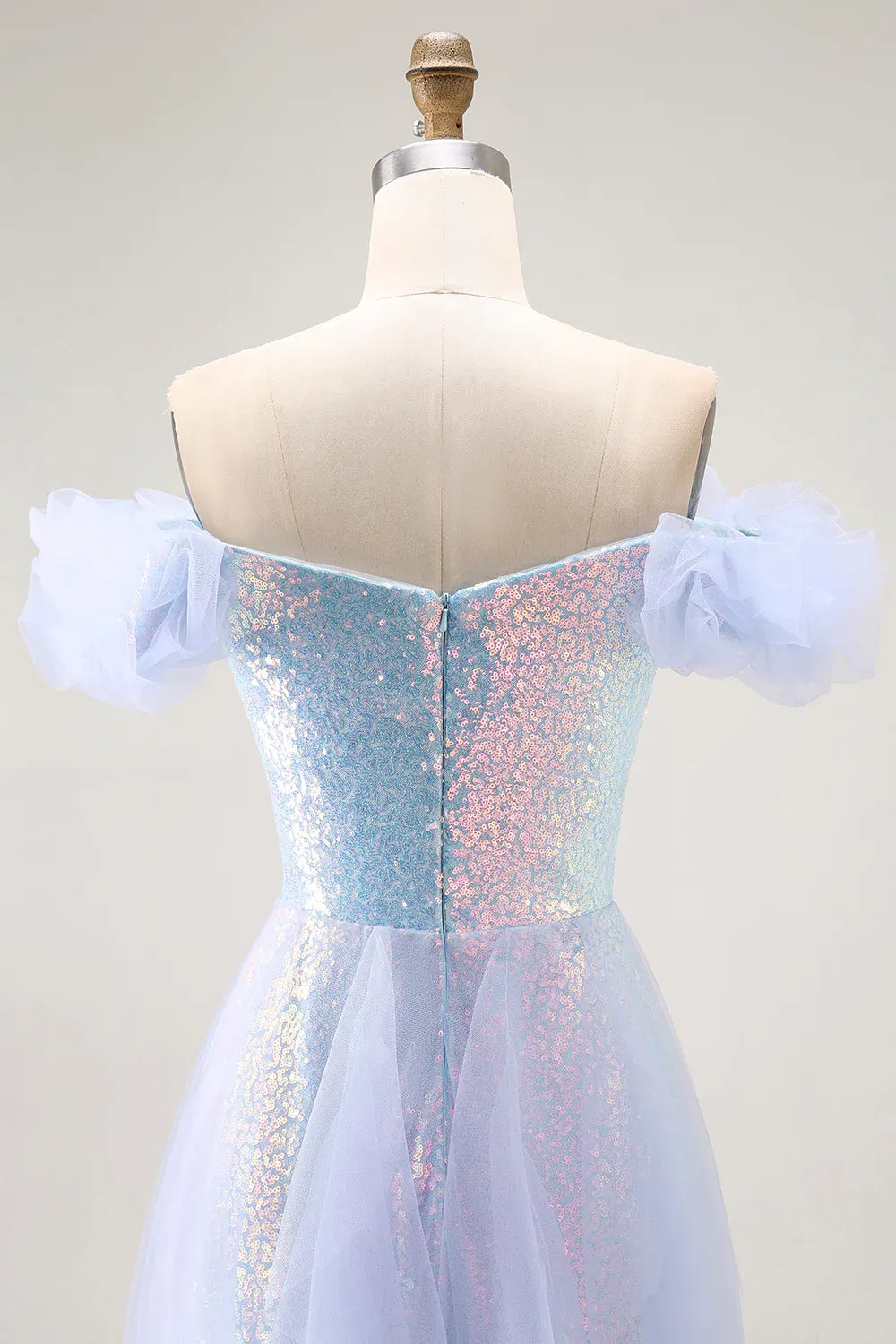 Romantic A-Line Off-the-Shoulder Ruffle Tulle Sequins Light Blue Maxi Evening Dress