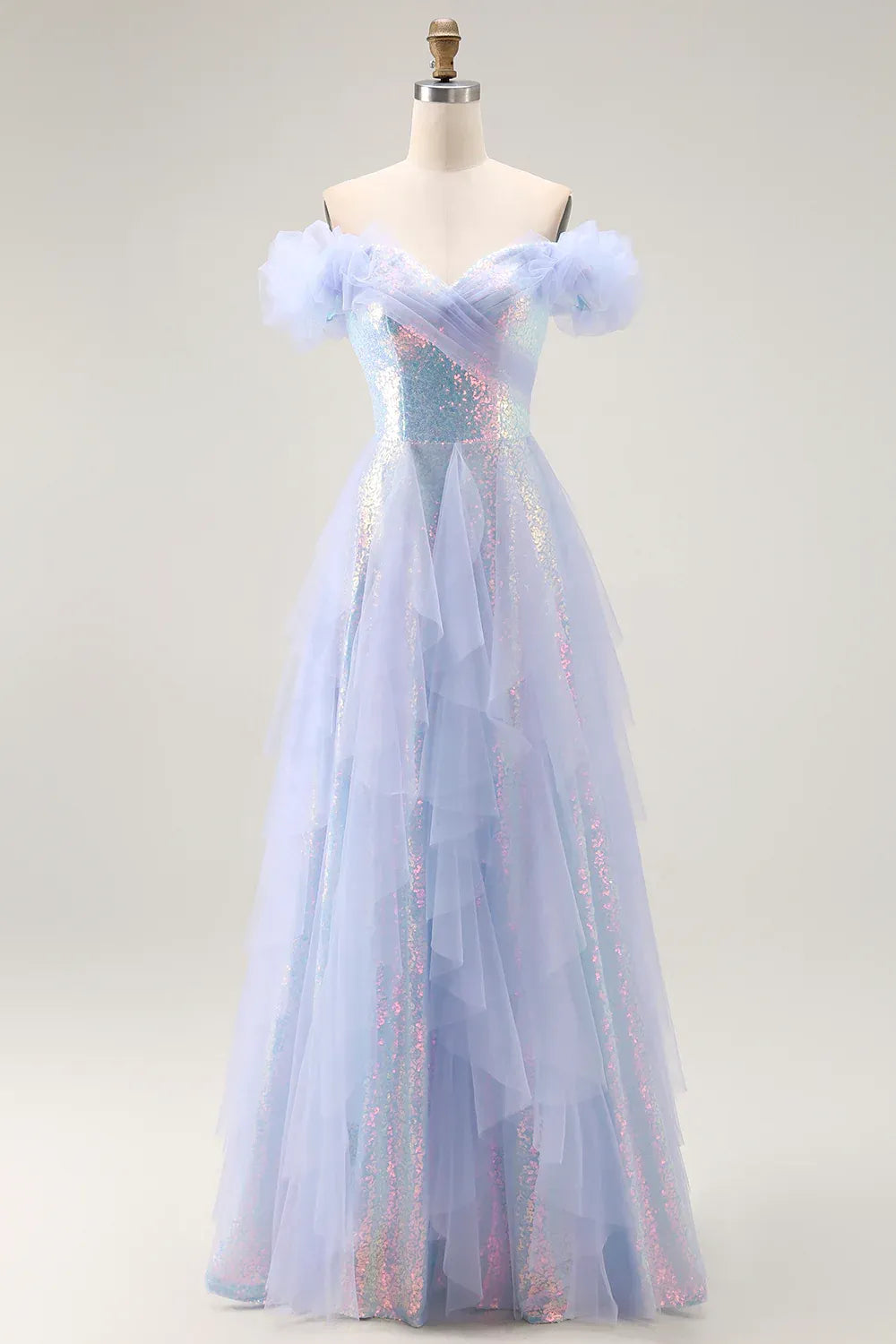 Romantic A-Line Off-the-Shoulder Ruffle Tulle Sequins Light Blue Maxi Evening Dress