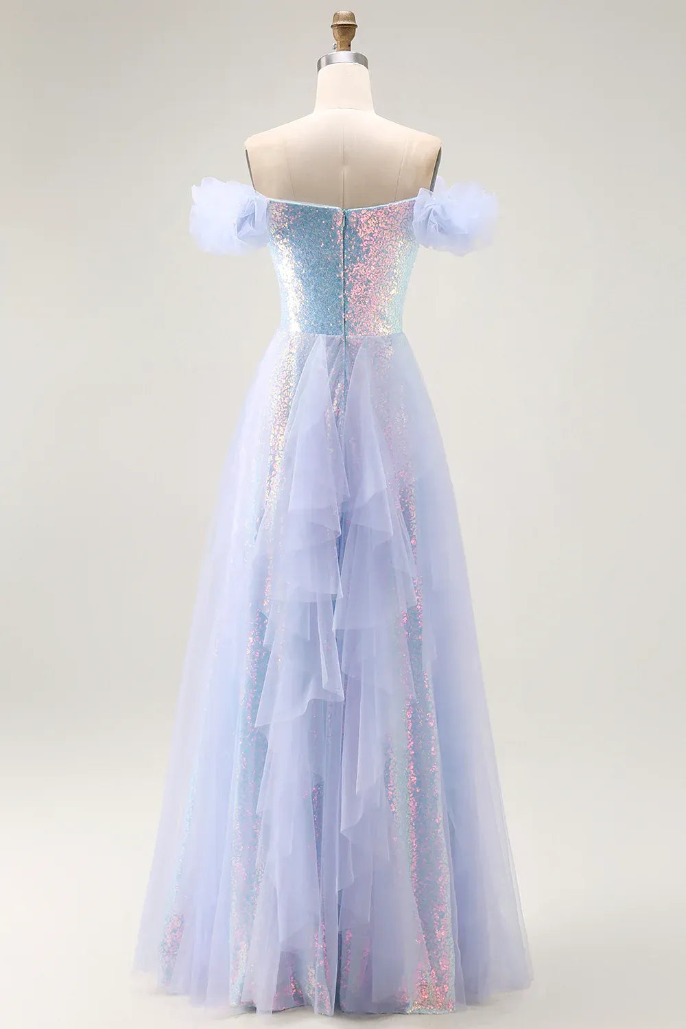 Romantic A-Line Off-the-Shoulder Ruffle Tulle Sequins Light Blue Maxi Evening Dress